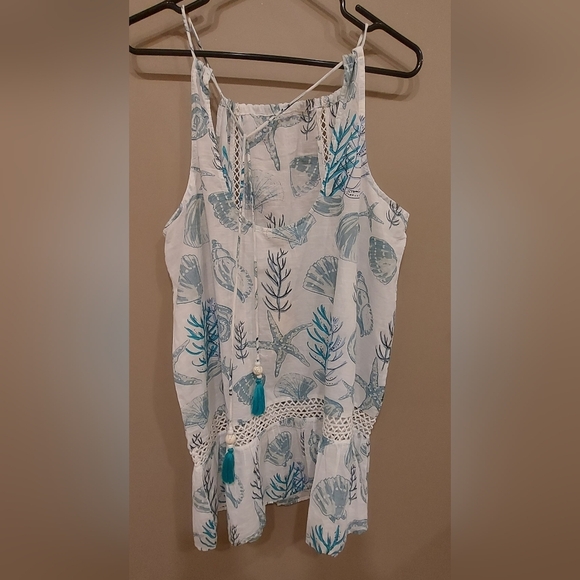 Blue and White Cut Out Tank Top Swim Coverup - Picture 2 of 8